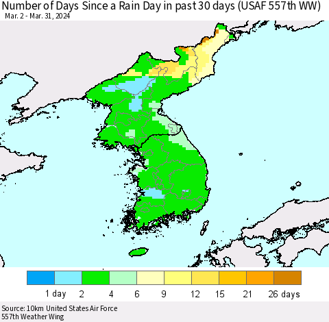 Korea Number of Days Since a Rain Day in past 30 days (USAF 557th WW) Thematic Map For 3/26/2024 - 3/31/2024