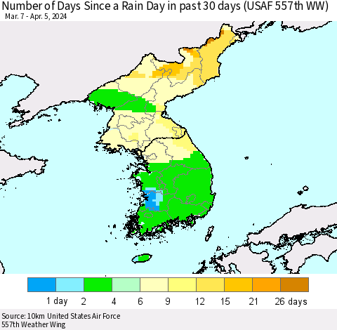 Korea Number of Days Since a Rain Day in past 30 days (USAF 557th WW) Thematic Map For 4/1/2024 - 4/5/2024