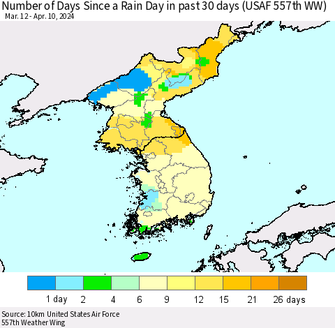 Korea Number of Days Since a Rain Day in past 30 days (USAF 557th WW) Thematic Map For 4/6/2024 - 4/10/2024