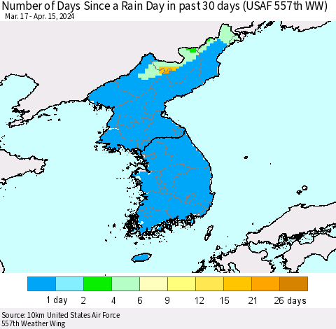 Korea Number of Days Since a Rain Day in past 30 days (USAF 557th WW) Thematic Map For 4/11/2024 - 4/15/2024