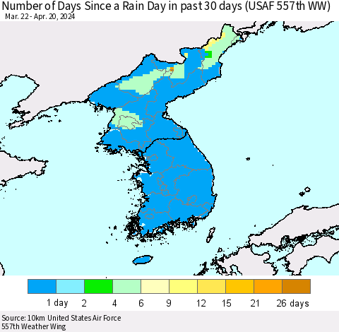 Korea Number of Days Since a Rain Day in past 30 days (USAF 557th WW) Thematic Map For 4/16/2024 - 4/20/2024