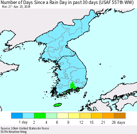 Korea Number of Days Since a Rain Day in past 30 days (USAF 557th WW) Thematic Map For 4/21/2024 - 4/25/2024