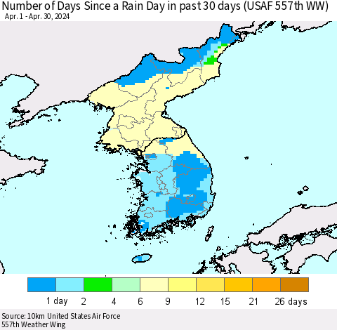 Korea Number of Days Since a Rain Day in past 30 days (USAF 557th WW) Thematic Map For 4/26/2024 - 4/30/2024