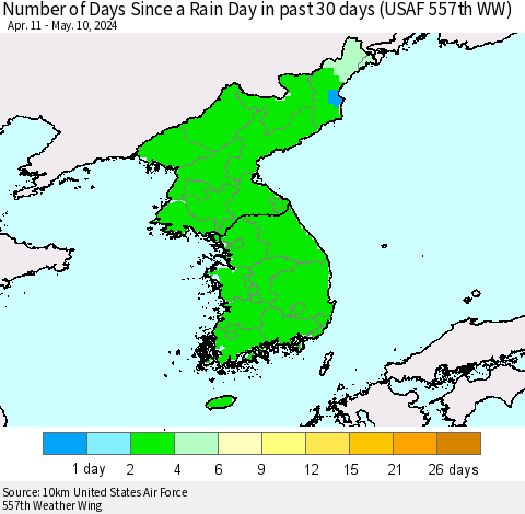 Korea Number of Days Since a Rain Day in past 30 days (USAF 557th WW) Thematic Map For 5/6/2024 - 5/10/2024