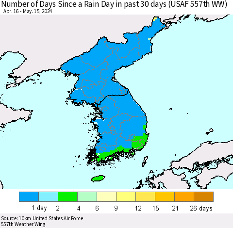 Korea Number of Days Since a Rain Day in past 30 days (USAF 557th WW) Thematic Map For 5/11/2024 - 5/15/2024