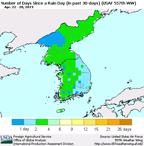 Korea Number of Days Since a Rain Day in past 30 days (USAF 557th WW) Thematic Map For 4/22/2019 - 4/28/2019