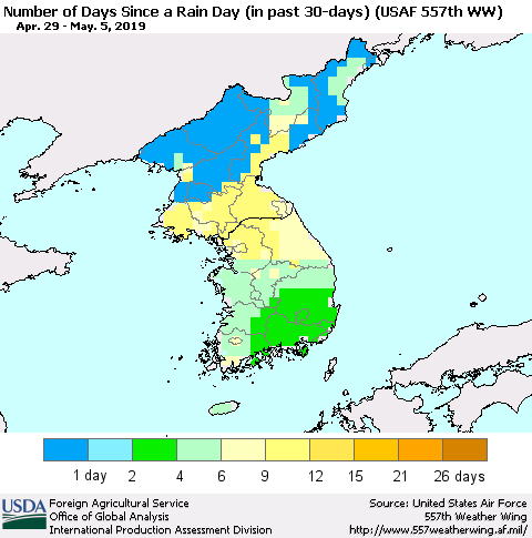 Korea Number of Days Since a Rain Day in past 30 days (USAF 557th WW) Thematic Map For 4/29/2019 - 5/5/2019