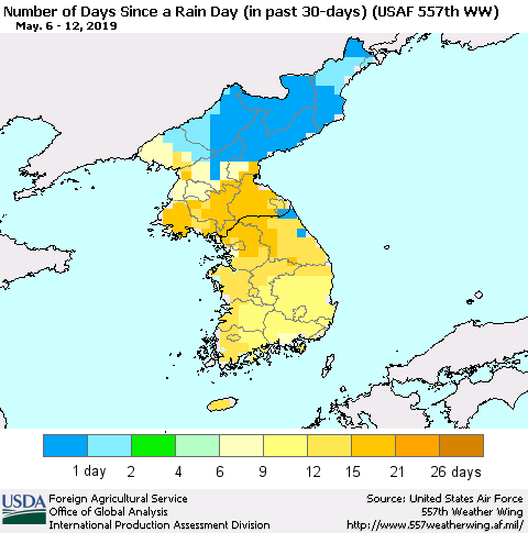 Korea Number of Days Since a Rain Day in past 30 days (USAF 557th WW) Thematic Map For 5/6/2019 - 5/12/2019