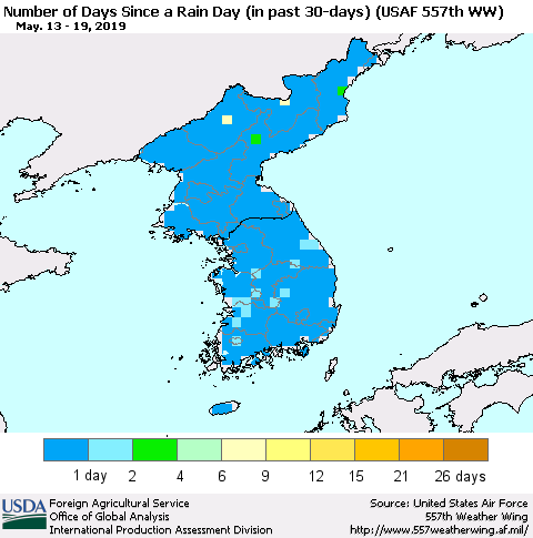 Korea Number of Days Since a Rain Day in past 30 days (USAF 557th WW) Thematic Map For 5/13/2019 - 5/19/2019