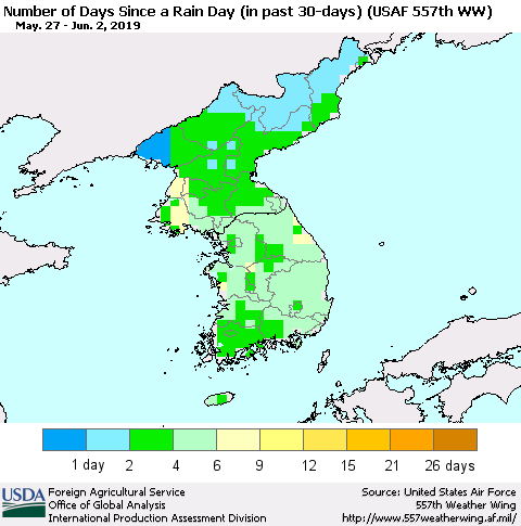 Korea Number of Days Since a Rain Day in past 30 days (USAF 557th WW) Thematic Map For 5/27/2019 - 6/2/2019