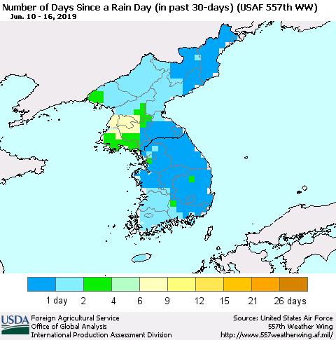 Korea Number of Days Since a Rain Day in past 30 days (USAF 557th WW) Thematic Map For 6/10/2019 - 6/16/2019