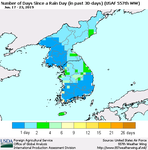 Korea Number of Days Since a Rain Day in past 30 days (USAF 557th WW) Thematic Map For 6/17/2019 - 6/23/2019