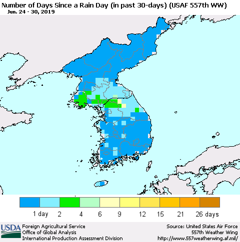 Korea Number of Days Since a Rain Day in past 30 days (USAF 557th WW) Thematic Map For 6/24/2019 - 6/30/2019