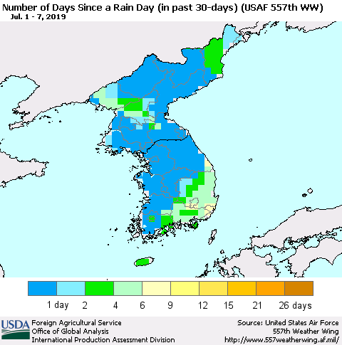 Korea Number of Days Since a Rain Day in past 30 days (USAF 557th WW) Thematic Map For 7/1/2019 - 7/7/2019