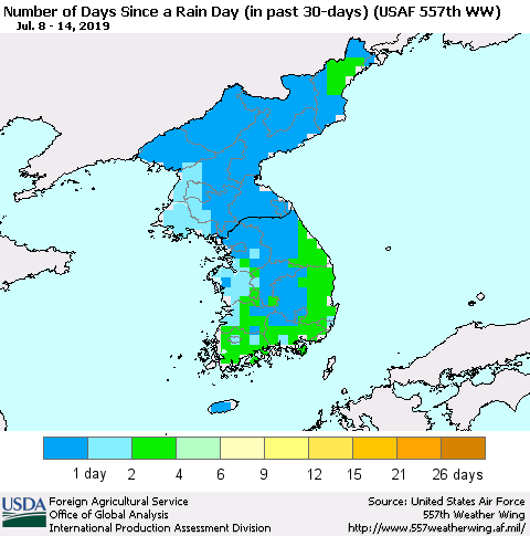 Korea Number of Days Since a Rain Day in past 30 days (USAF 557th WW) Thematic Map For 7/8/2019 - 7/14/2019