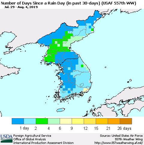 Korea Number of Days Since a Rain Day in past 30 days (USAF 557th WW) Thematic Map For 7/29/2019 - 8/4/2019