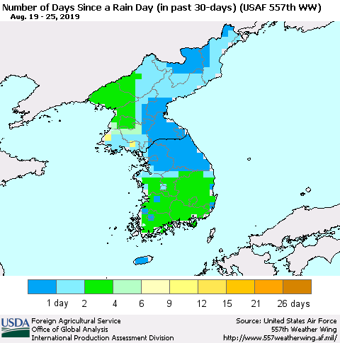Korea Number of Days Since a Rain Day in past 30 days (USAF 557th WW) Thematic Map For 8/19/2019 - 8/25/2019