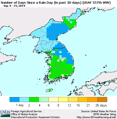 Korea Number of Days Since a Rain Day in past 30 days (USAF 557th WW) Thematic Map For 9/9/2019 - 9/15/2019
