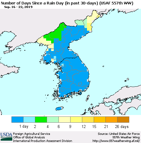 Korea Number of Days Since a Rain Day in past 30 days (USAF 557th WW) Thematic Map For 9/16/2019 - 9/22/2019