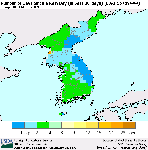 Korea Number of Days Since a Rain Day in past 30 days (USAF 557th WW) Thematic Map For 9/30/2019 - 10/6/2019
