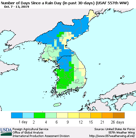 Korea Number of Days Since a Rain Day in past 30 days (USAF 557th WW) Thematic Map For 10/7/2019 - 10/13/2019