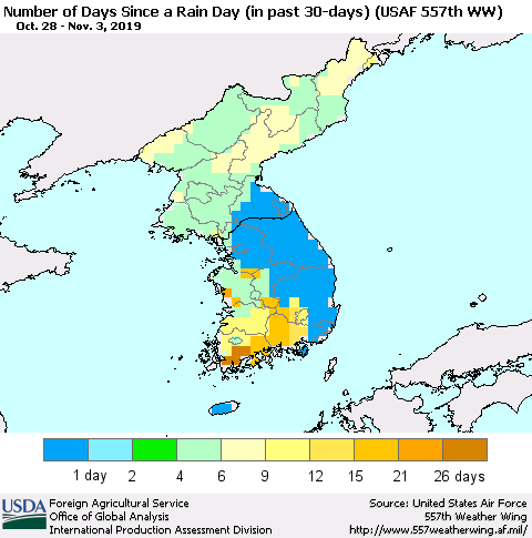 Korea Number of Days Since a Rain Day in past 30 days (USAF 557th WW) Thematic Map For 10/28/2019 - 11/3/2019