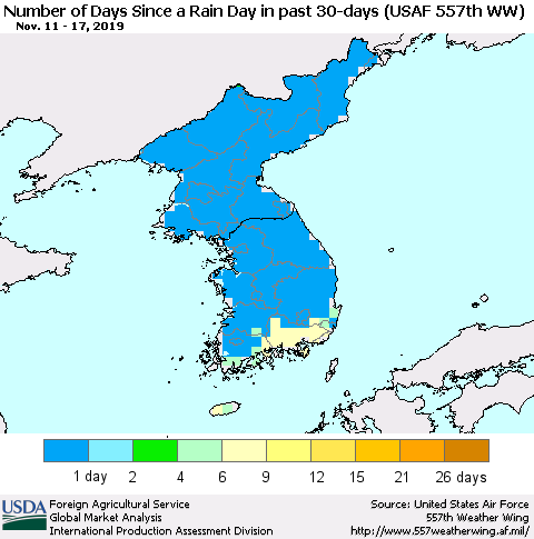 Korea Number of Days Since a Rain Day in past 30 days (USAF 557th WW) Thematic Map For 11/11/2019 - 11/17/2019