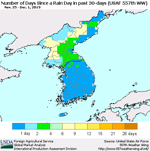 Korea Number of Days Since a Rain Day in past 30 days (USAF 557th WW) Thematic Map For 11/25/2019 - 12/1/2019