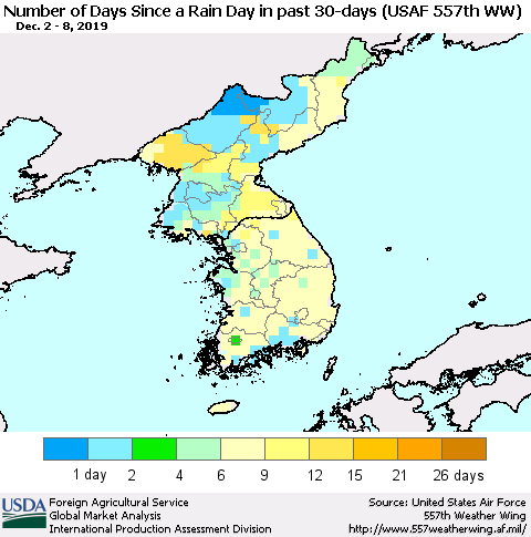 Korea Number of Days Since a Rain Day in past 30 days (USAF 557th WW) Thematic Map For 12/2/2019 - 12/8/2019