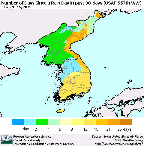 Korea Number of Days Since a Rain Day in past 30 days (USAF 557th WW) Thematic Map For 12/9/2019 - 12/15/2019
