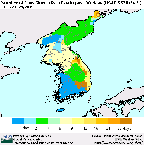 Korea Number of Days Since a Rain Day in past 30 days (USAF 557th WW) Thematic Map For 12/23/2019 - 12/29/2019