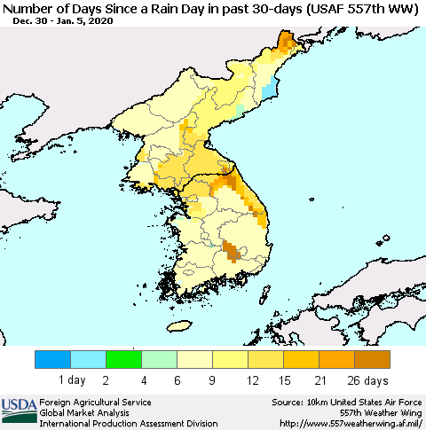 Korea Number of Days Since a Rain Day in past 30 days (USAF 557th WW) Thematic Map For 12/30/2019 - 1/5/2020