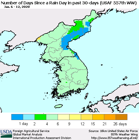Korea Number of Days Since a Rain Day in past 30 days (USAF 557th WW) Thematic Map For 1/6/2020 - 1/12/2020
