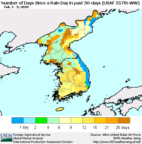 Korea Number of Days Since a Rain Day in past 30 days (USAF 557th WW) Thematic Map For 2/3/2020 - 2/9/2020