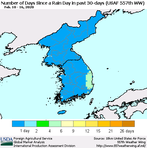 Korea Number of Days Since a Rain Day in past 30 days (USAF 557th WW) Thematic Map For 2/10/2020 - 2/16/2020
