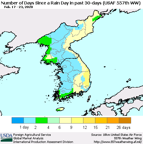 Korea Number of Days Since a Rain Day in past 30 days (USAF 557th WW) Thematic Map For 2/17/2020 - 2/23/2020