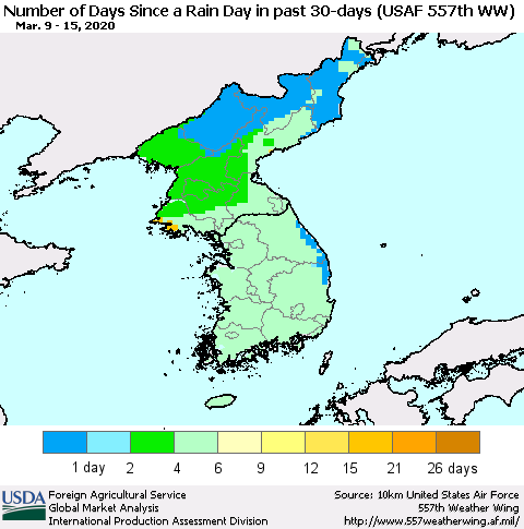 Korea Number of Days Since a Rain Day in past 30 days (USAF 557th WW) Thematic Map For 3/9/2020 - 3/15/2020
