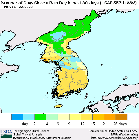 Korea Number of Days Since a Rain Day in past 30 days (USAF 557th WW) Thematic Map For 3/16/2020 - 3/22/2020