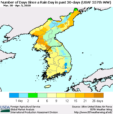 Korea Number of Days Since a Rain Day in past 30 days (USAF 557th WW) Thematic Map For 3/30/2020 - 4/5/2020