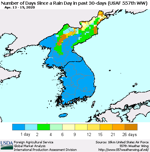 Korea Number of Days Since a Rain Day in past 30 days (USAF 557th WW) Thematic Map For 4/13/2020 - 4/19/2020