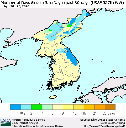 Korea Number of Days Since a Rain Day in past 30 days (USAF 557th WW) Thematic Map For 4/20/2020 - 4/26/2020