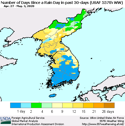 Korea Number of Days Since a Rain Day in past 30 days (USAF 557th WW) Thematic Map For 4/27/2020 - 5/3/2020