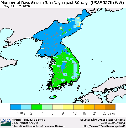 Korea Number of Days Since a Rain Day in past 30 days (USAF 557th WW) Thematic Map For 5/11/2020 - 5/17/2020