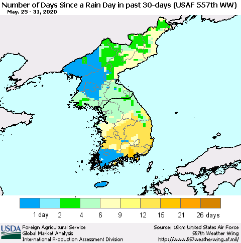 Korea Number of Days Since a Rain Day in past 30 days (USAF 557th WW) Thematic Map For 5/25/2020 - 5/31/2020