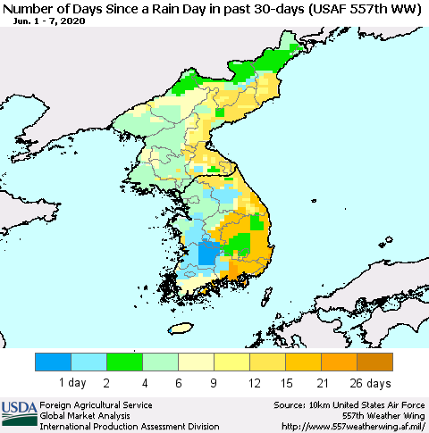 Korea Number of Days Since a Rain Day in past 30 days (USAF 557th WW) Thematic Map For 6/1/2020 - 6/7/2020