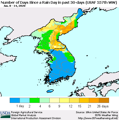Korea Number of Days Since a Rain Day in past 30 days (USAF 557th WW) Thematic Map For 6/8/2020 - 6/14/2020