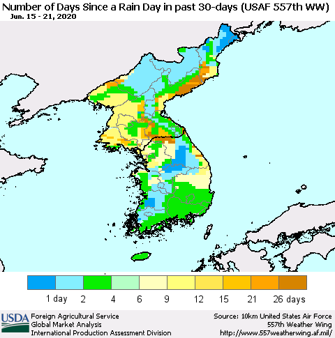 Korea Number of Days Since a Rain Day in past 30 days (USAF 557th WW) Thematic Map For 6/15/2020 - 6/21/2020