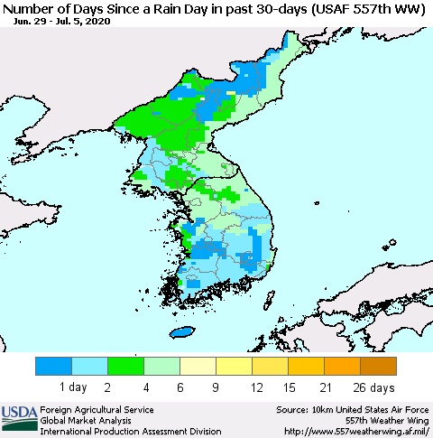 Korea Number of Days Since a Rain Day in past 30 days (USAF 557th WW) Thematic Map For 6/29/2020 - 7/5/2020