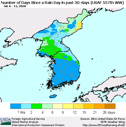 Korea Number of Days Since a Rain Day in past 30 days (USAF 557th WW) Thematic Map For 7/6/2020 - 7/12/2020