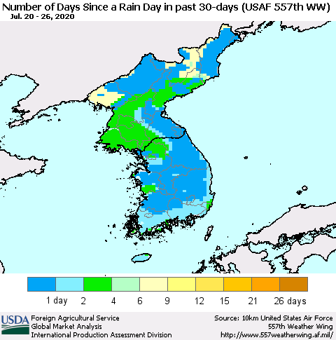 Korea Number of Days Since a Rain Day in past 30 days (USAF 557th WW) Thematic Map For 7/20/2020 - 7/26/2020